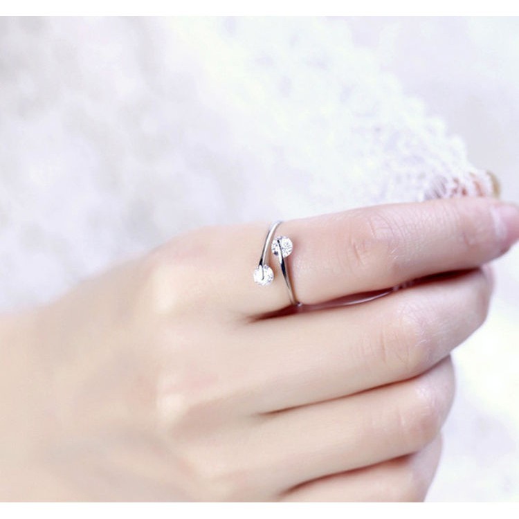 Cincin Silver Sterling 925 Simple Elegan dengan Kristal + Berlian Imitasi untuk Wanita