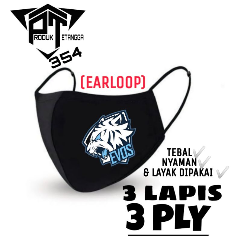 masker EVOS kain 3 lapis / hitam / pria wanita earloop