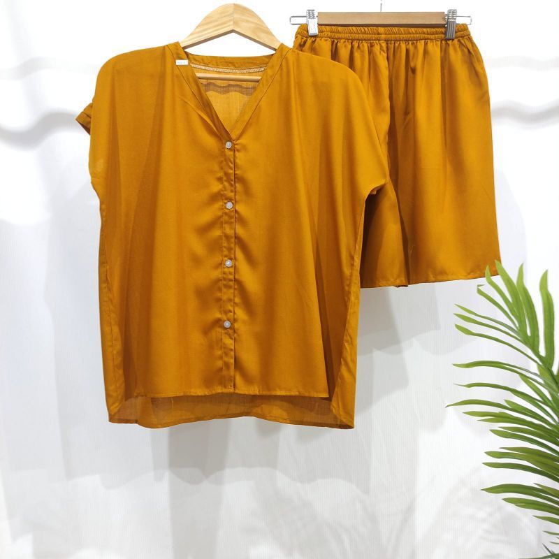 PIYAMA KANCING PENDEK HITS PIYAMA KANCING BUSUI | PIYAMA RAYON | HOMEWEAR-PD NK kUNYIT