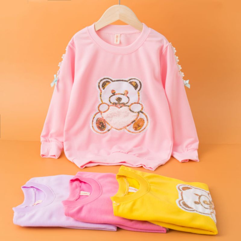 Kaos Anak Perempuan Import 4-11 Tahun Sweter Anak Import 100% APLIKASI BULU USAP RENDA