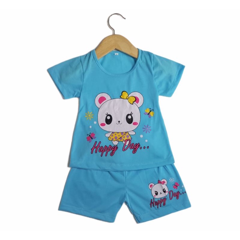 SETELAN ANAK SIKUNING PAKAIAN BAJU ANAK PEREMPUAN 2-7 TAHUN MOTIF HAPPY DAY CELANA PENDEK LENGAN PDK