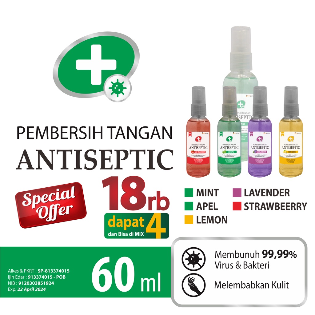 Handsanitizer antiseptic cair spray 60 ml paket 4 pcs aneka aroma