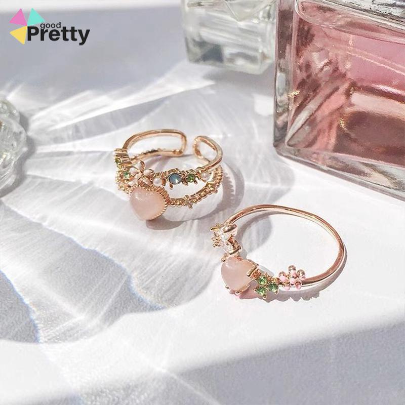 Cincin Taman Hati Opal Pembukaan Ringan Dapat Disesuaikan Cincin Wanita Manis Mewah - PD