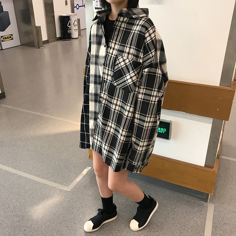 Kemeja Kotak-kotak Lengan Panjang Warna Senada Hitam Putih Baru Untuk Wanita