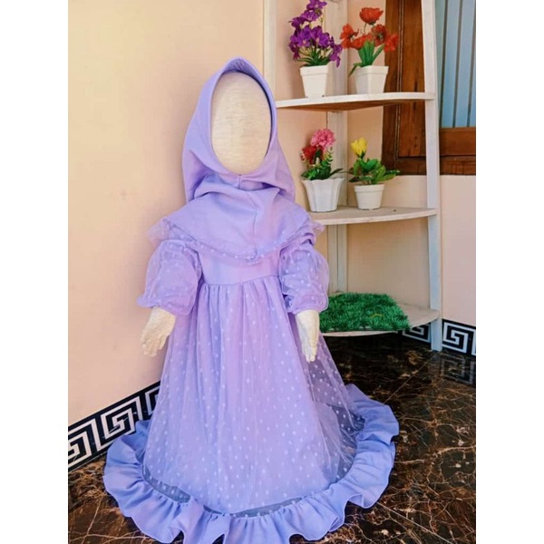 GAMIS ANAK PEREMPUAN  TERBARU GAMIS TILE DOT LENGAN BALON/DRES GAUN PESTA ANAK SET HIJAB(1-5thn)