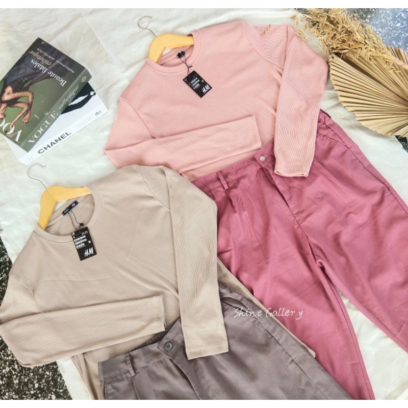 SETELAN KAOS RIB + CELANA BAGGY PANTS / KAOS CEWEK LENGAN PANJANG / KAOS WANITA / CELANA CHINO / ONE SET-1