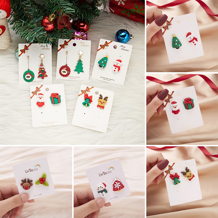 Anting Bentuk Pohon Natal Santa Claus Asimetris