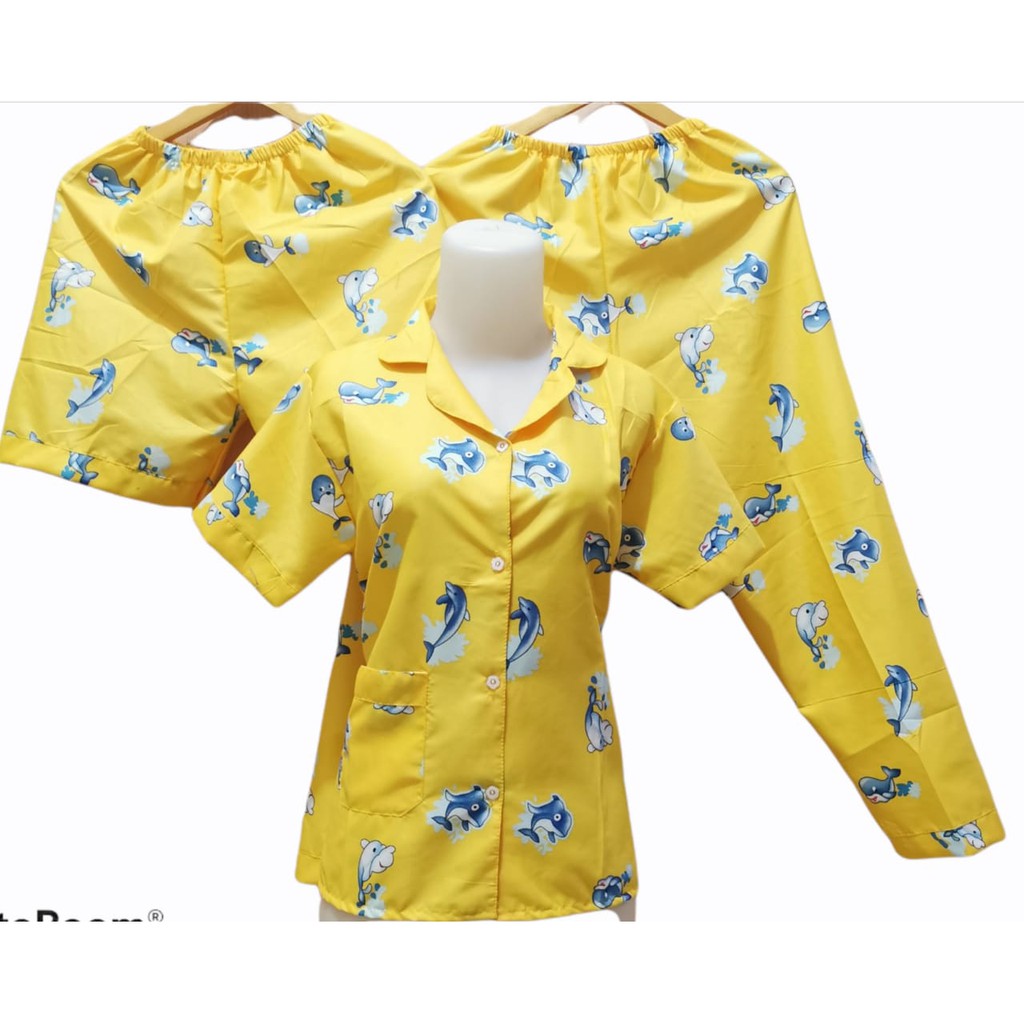 SEASOND IND 3in1 Piyama/Baju Tidur Wanita Dewasa Hello Kitty/L Fit to XL-dolphins kuning