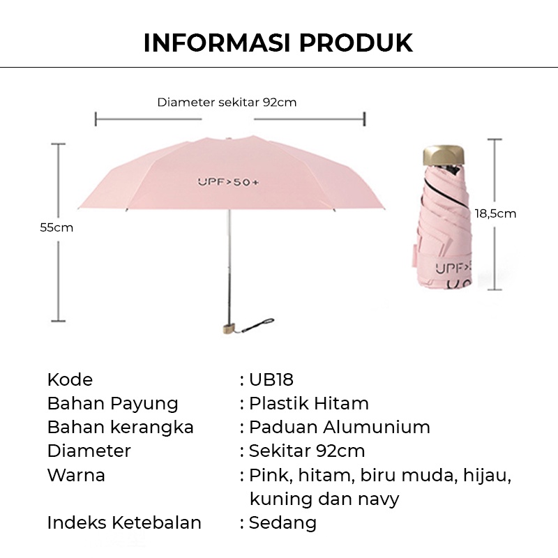 Payung Lipat Mini Portable Polos Anti UV UPF 50+ Aksesoris Payung Travel Praktis Kualitas Import UB18