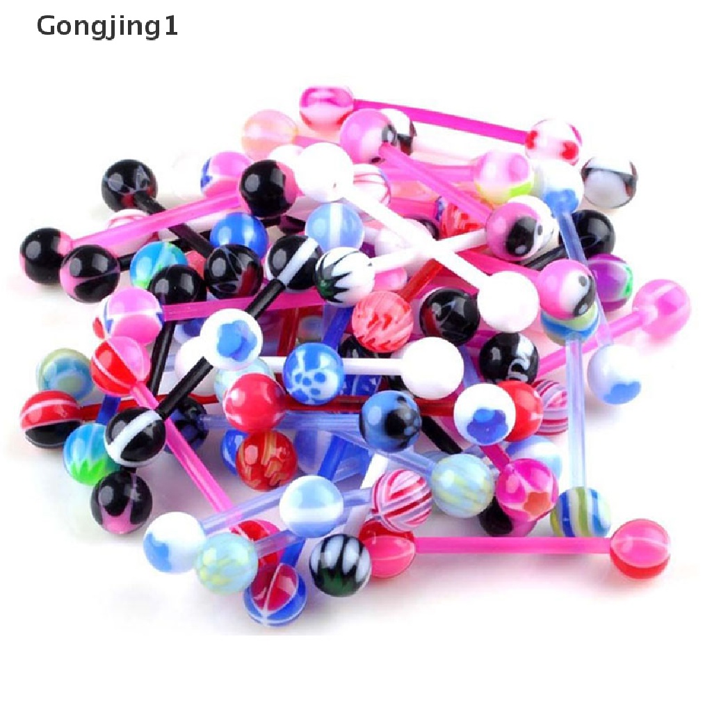 Gongjing1 10PCS / Set Anting Tindik Lidah / Puting / Tubuh Bentuk Barbel + Bola Warna-Warni Untuk Perhiasan Wanita