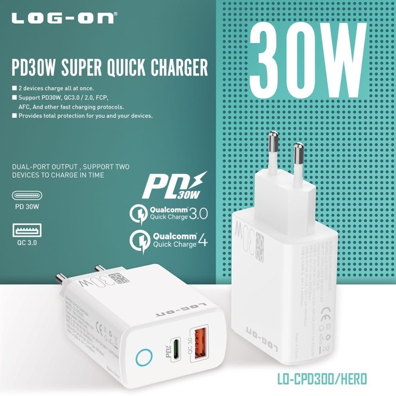 TRAVEL CHARGER LOG ON LO-CPD300 SUPER QUICK CHARGER HERO PD 30W