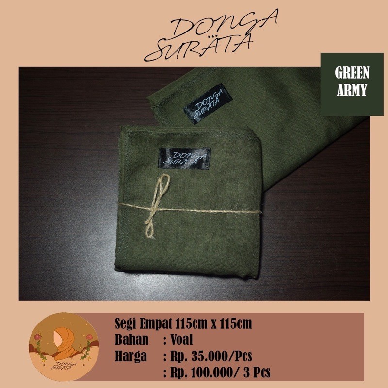 Kerudung/Hijab SegiEmpat Voal Green Army/Hijau Tua Laser Cut
