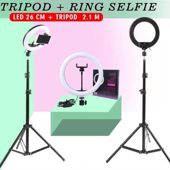 Tripod Lampu Ring Light Selfie Led 26 Cm Tripod 2.1 Meter + Holder Hp