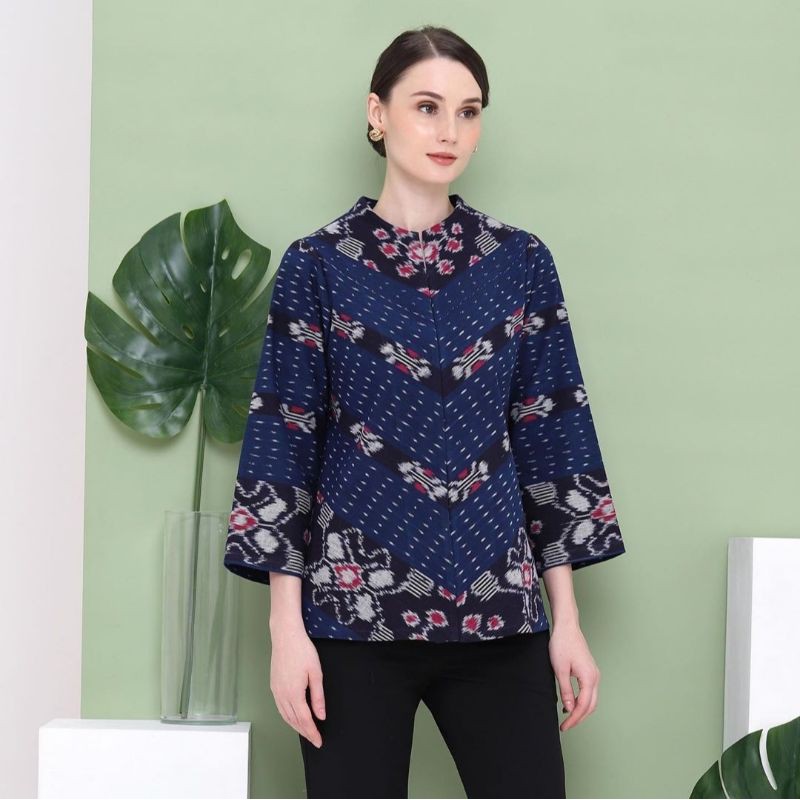 Blouse Tenun Lurik Navy Jepara | Atasan Wanita Formal Casual Premium
