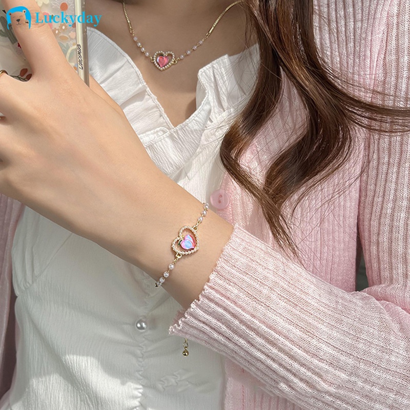 YEEZII Kalung Rantai Choker Liontin Hati Hias Mutiara Warna Pink Untuk Wanita