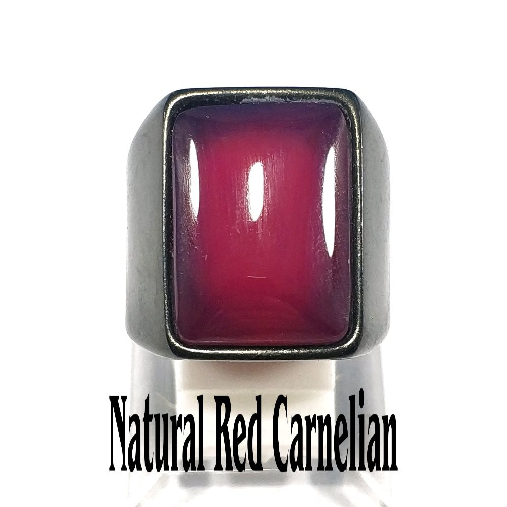 CINCIN BATU AKIK NATURAL RED CARNELIAN SQUARE RING TITANIUM HITAM MAKIN BERGAYA