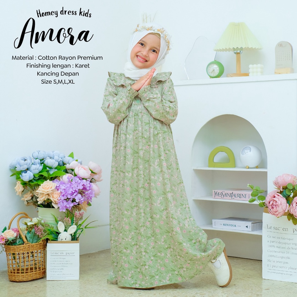 Terlaris-Busana Muslimah Anak-Homey Dress AMORA Kids-Gamis Anak Best Seller Bahan  Rayon Premium-Umur 4 sd 12 tahun