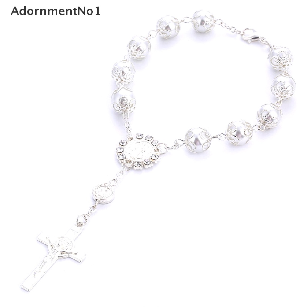 (AdornmentNo1) Gelang Tangan Rosario / Katolik Manik-Manik Mutiara Imitasi + Liontin Yesus Untuk Wanita