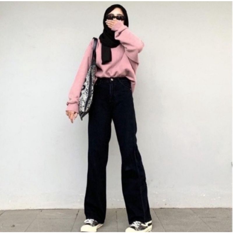 CELANA JEANS WANITA HIGH WAIST WARNA HITAM