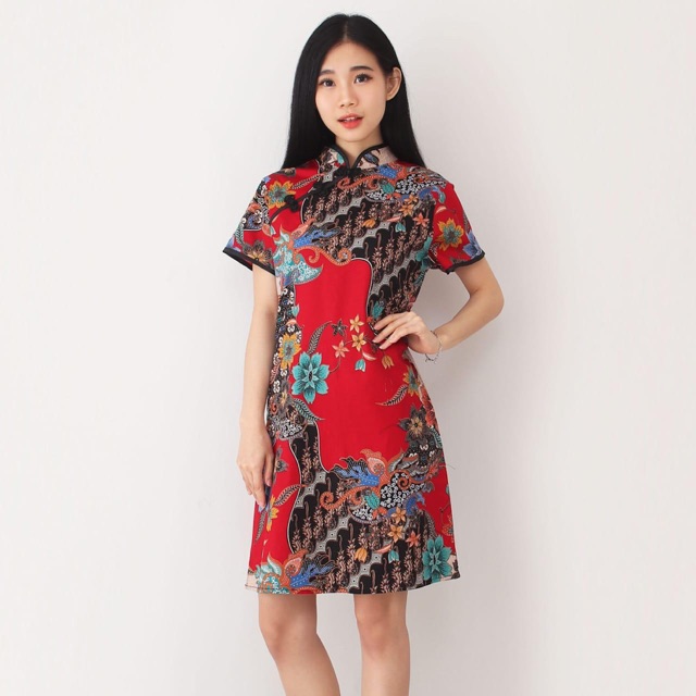 Dress Batik Carly Wanita QQinian Mode Cheongsam Shanghai Motif Parang Bunga Merah Hitam Grosir
