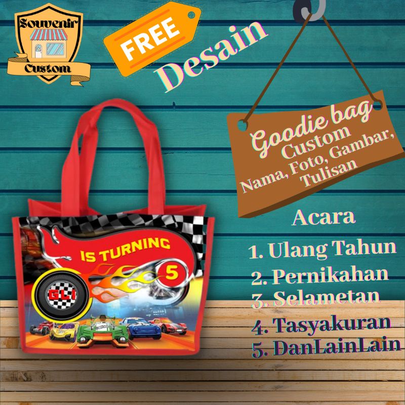 

Tas Goodie bag Custom Nama Foto Tulisan Gambar Souvenir Tasyakuran Aqiqah Ulang Tahun Pernikahan Khitanan Motif Kartun Hot Wheels Terlaris Terlaku Termurah