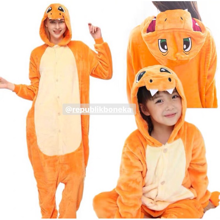 KOSTUM ONESIE CHARMANDER POKEMON PIKACHU ANAK PIYAMA COSPLAY PESTA