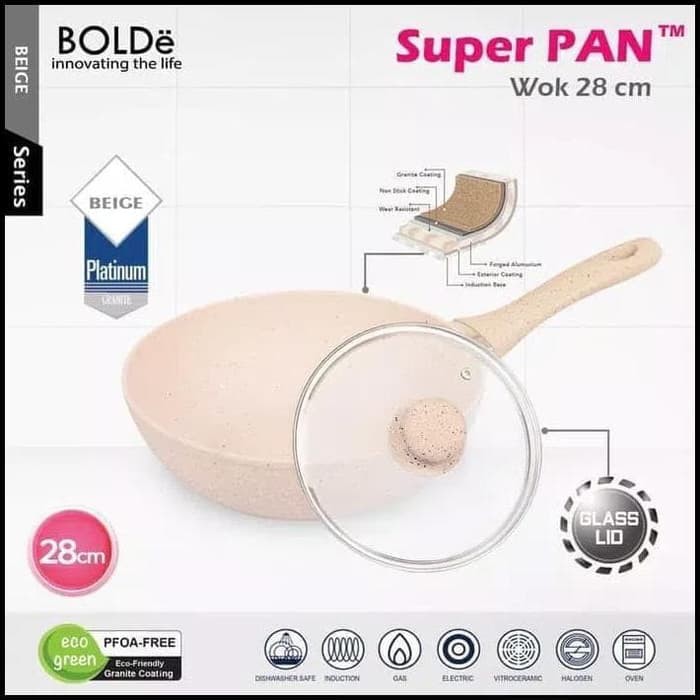 WOK PAN GRANITE BOLDE 28CM+TUTUP KACA-WAJAN-PANCI-ANTI LENGKET