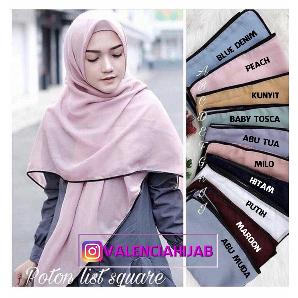 Hijab Jilbab kerudung Scarf segiempat Bella Polycotton List Hitam Square Valencia