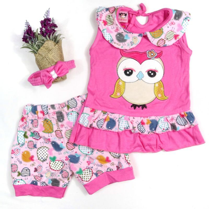 SETELAN BABY SR107 FASHION BAJU ANAK PEREMPUAN MOTIF OWL 1 TAHUN GAMBAR BORDIR