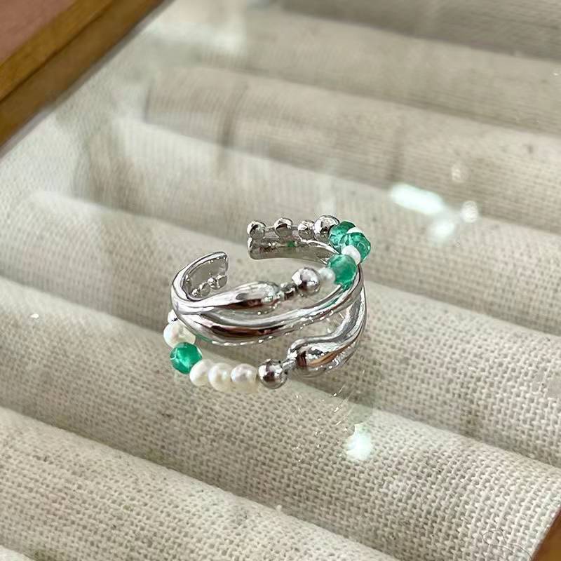 Cincin Multilayer Hias Mutiara Hijau Gaya Retro
