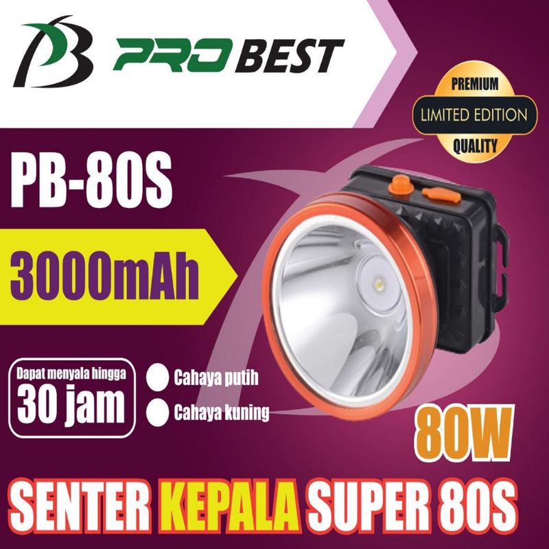 Senter Kepala/Headlamp LED 80 Watt Putih/Kuning PROBEST PB-80S