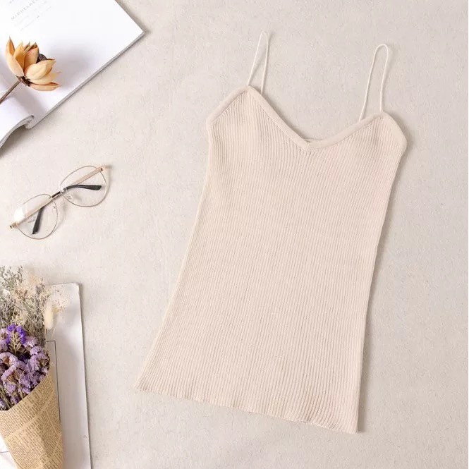 ✨WINGALERY✨ Korea Knit Tank Top Wanita / Kamisol Rajut / Tanktop Polos Import 4030-CREAM