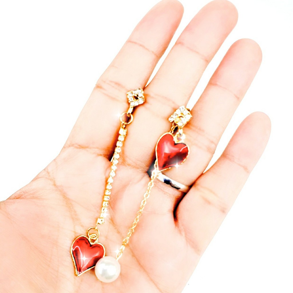 Anting Tusuk Panjang Shiny Diamond and Red Gemstone Love Pearl Earrings