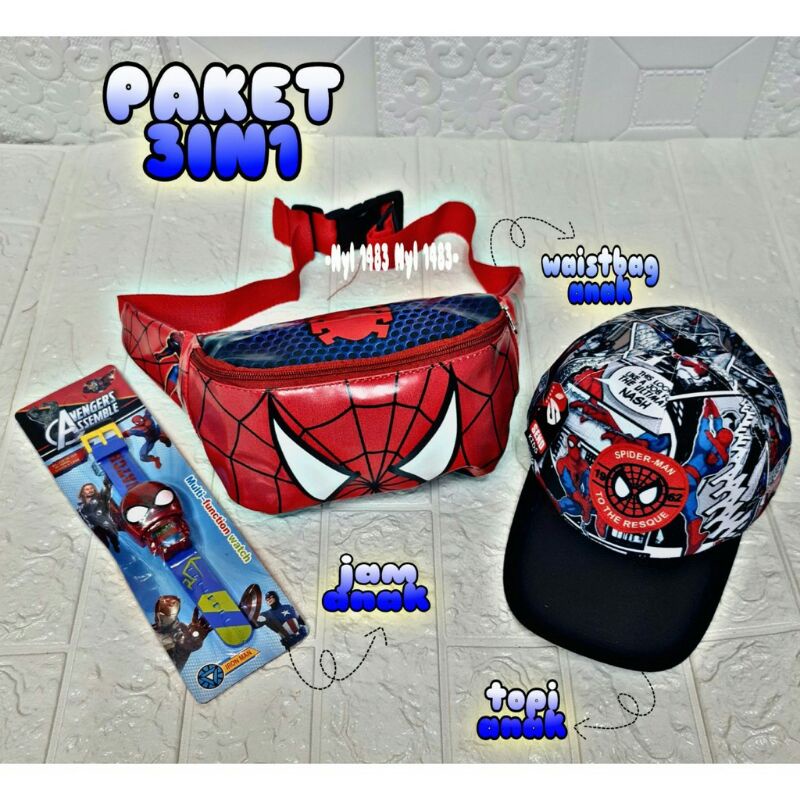 COD WAISTBAG ANAK LAKI LAKI TOPI ANAK FREE JAM ANAK PAKET HEMAT 3IN1 TAS SELEMPANG ANAK MOTIF SPIDERMAN