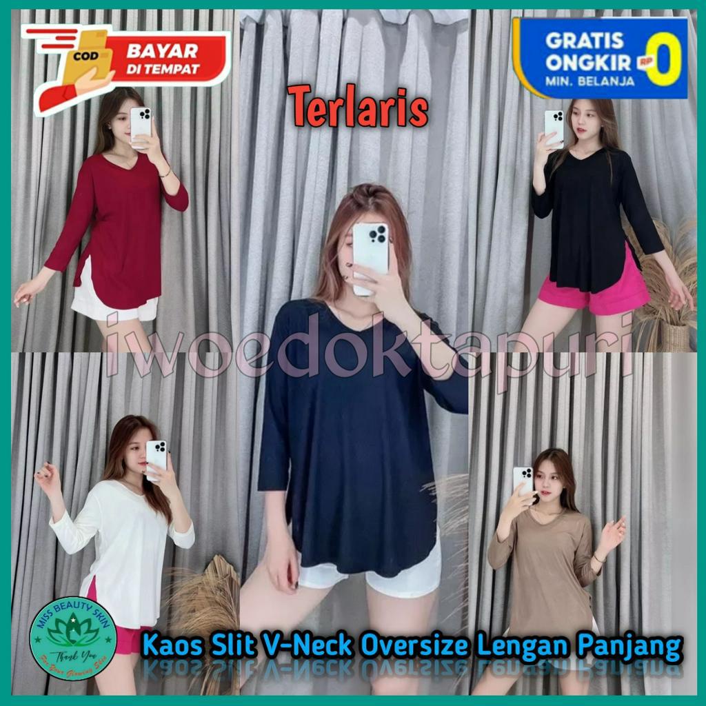 IWD Kaos Neck Wanita Polos Lengan 7/8 Panjang Blouse P3334 Warna Hitam Putih Pink Merah Kuning Cokla
