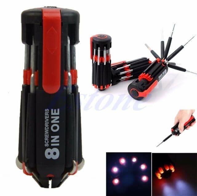 Obeng Lampu Senter Travel Multifungsi / Screwdriver 8in1 LED