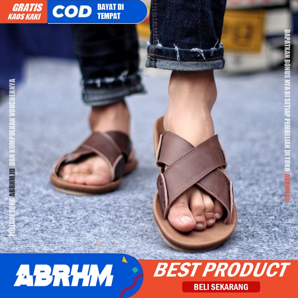 ABRHM x XMIN Sandal Slide Pria Sandal Slop Pria Kulit Asli Sendal Selop Cowok / Cowo Ori Kekinian