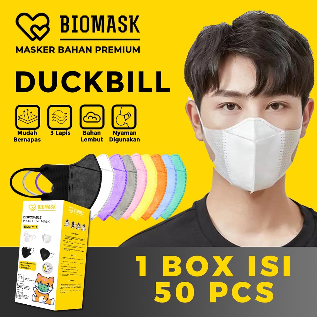 BIOMASK Masker Duckbill 1 Box 50 Pcs -  3ply Earloop Hitam / Putih / Biru / Pink / Ungu / Kuning / O