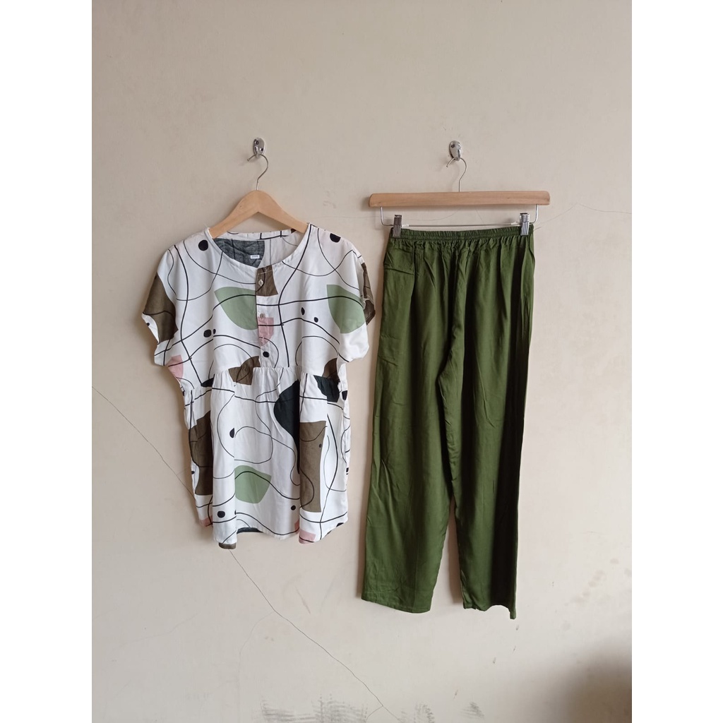 SETELAN BAJU TIDUR PIYAMA WANITA ONE SET PAJAMAS RUFFLE KANCING BUSUI CELANA PANJANG-BBR 34