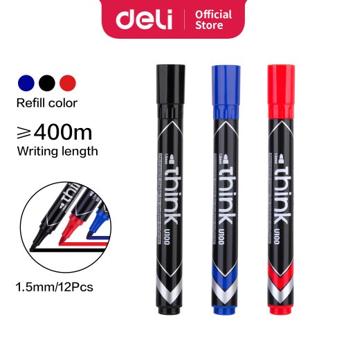 

DELI Spidol Permanen Marker 1.5mm Cepat Kering, Tahan Air, Tidak Beracun Hitam Biru Merah EU100X0