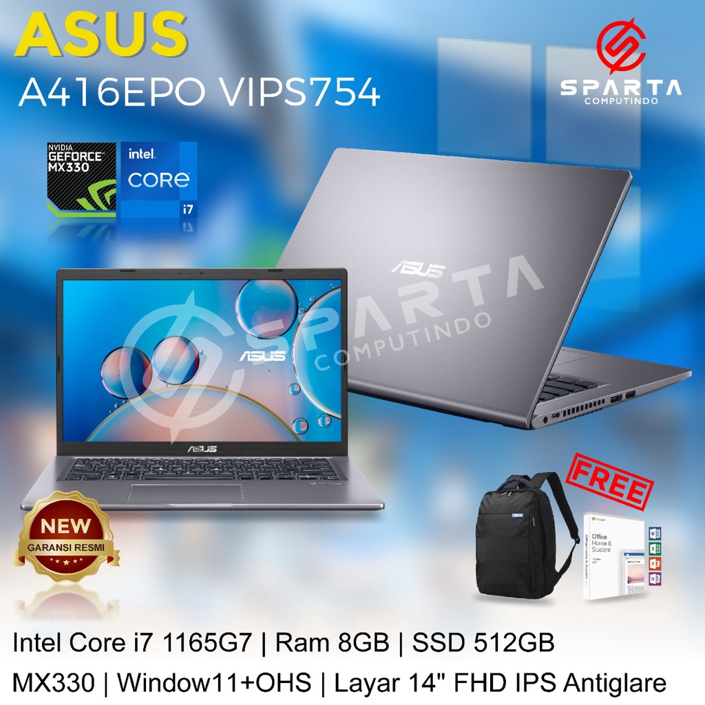 LAPTOP ASUS A416EPO VIPS754 i7 Gen11 Ram 8GB SSD 512GB MX330 14&quot; FHD New Garansi Resmi