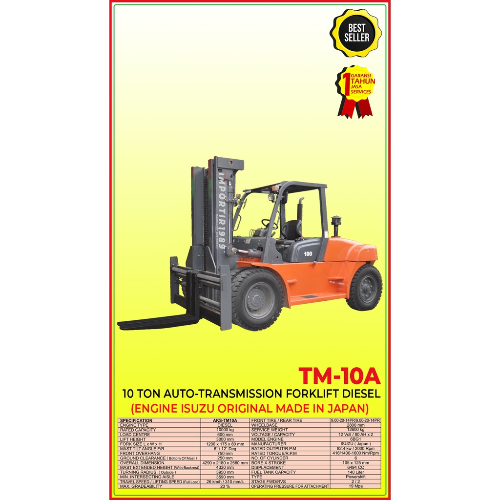 Forklift 10 ton x 3 m Auto Transmission Diesel Engine ISUZU Original Jepang 82.4 Kw - TM10A - Import