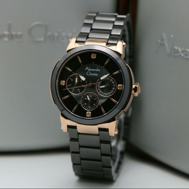 ALEXANDRE CHRISTIE AC2880 BLACK ROSEGOLD KERAMIK WANITA.ORIGINAL GARANSI RESMI 1TAHUN