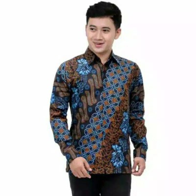 Kemeja Batik Pria Motif Seno Biru Panjang Size M L Xl