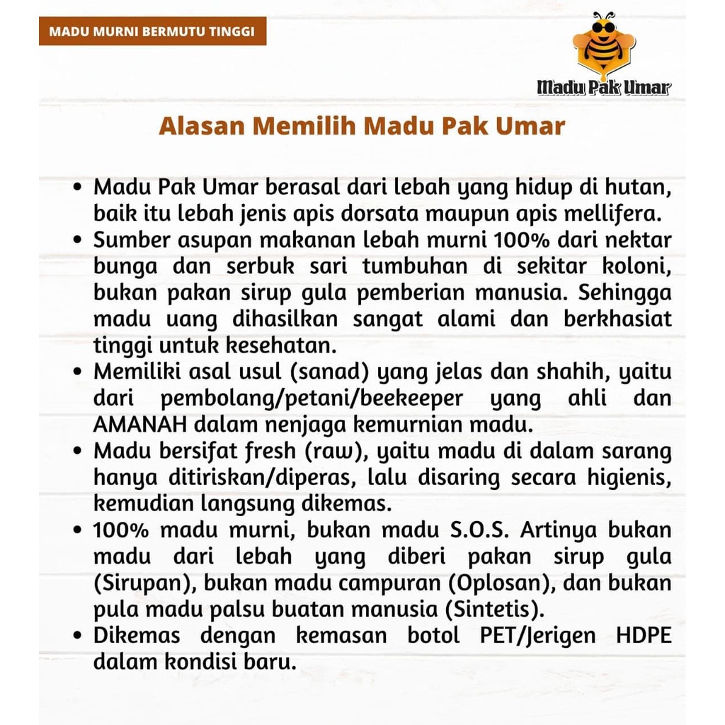 [COD bisa] Madu Pak Umar Murni Lebah Hutan Apis Dorsata Raw Pure full nektar