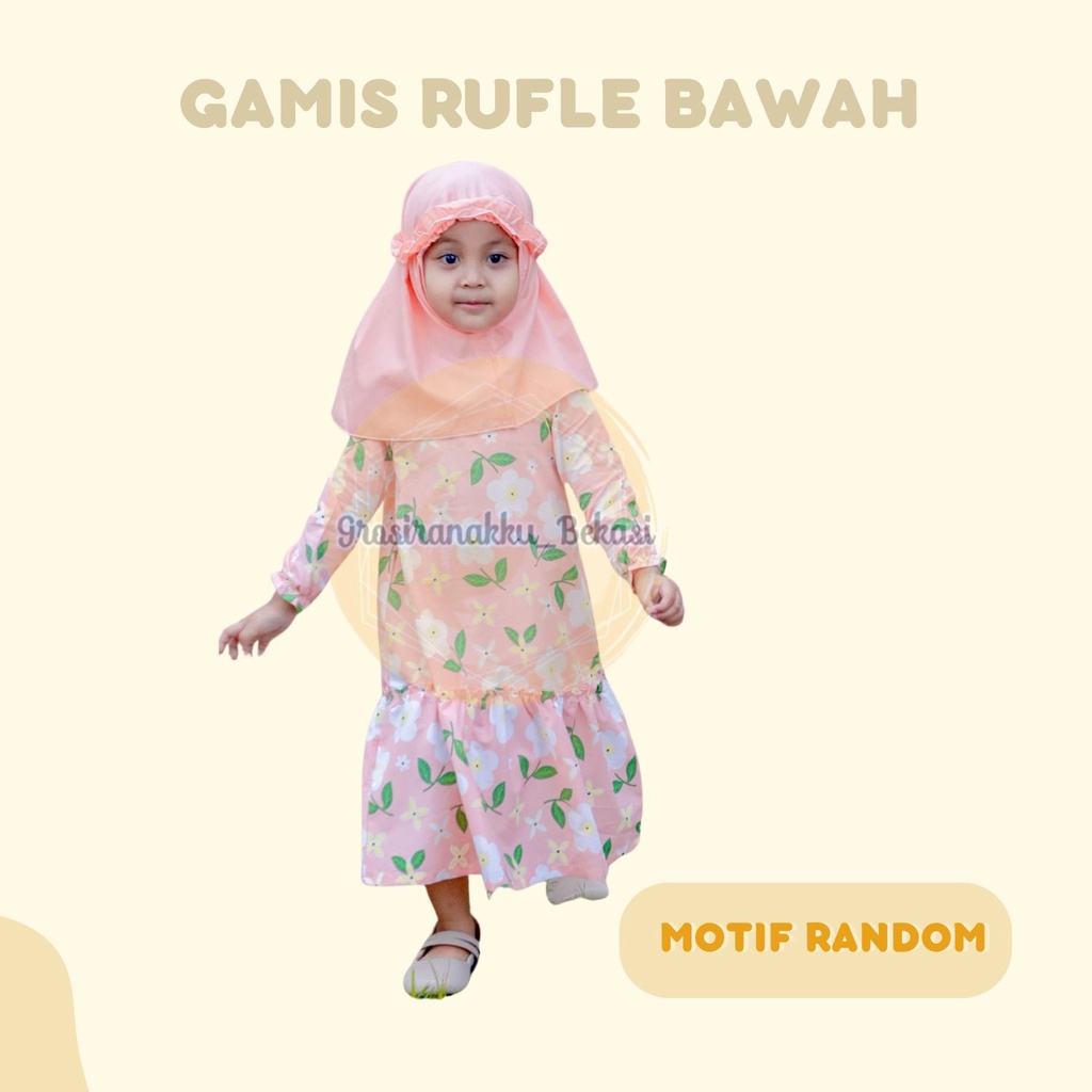 Gamis Katun Anak Rufel Bawah Mix Motif Size 1-6Tahun