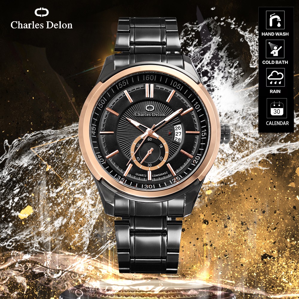 Jam Tangan Pria Watch Rantai Anti Air Tanggal Box Original Charles Delon CDM 5003 GC