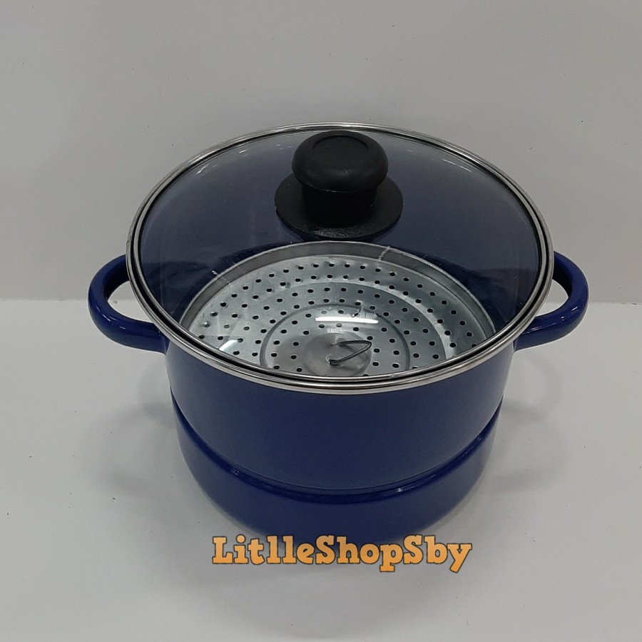 Dandang Kukusan Enamel 20cm Tutup Bahan Kaca Biru Tua