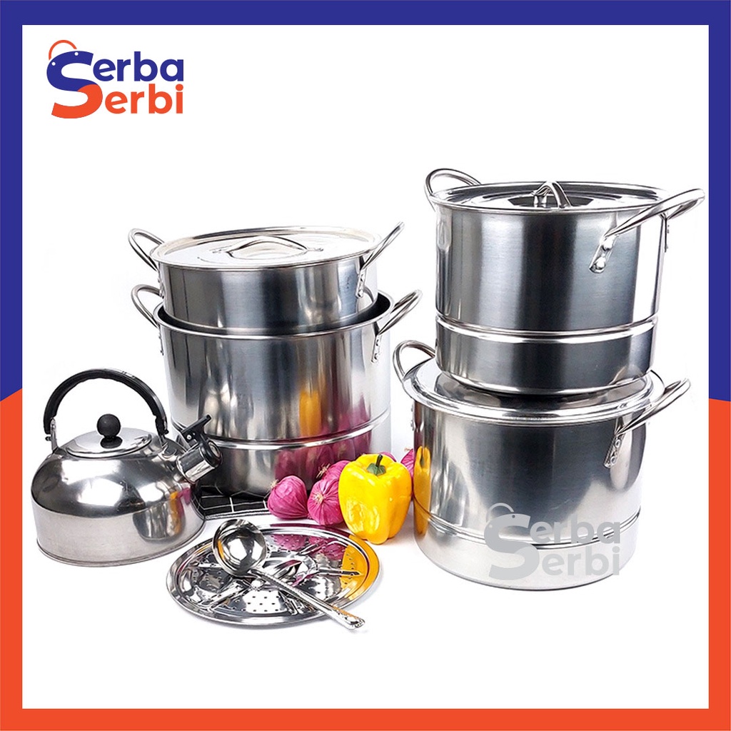 SerbaSerbiGrosir - Panci Kukus Steamer Pot Panci Dandang dengan Tutup Panci Rebus Set Stainless Stee