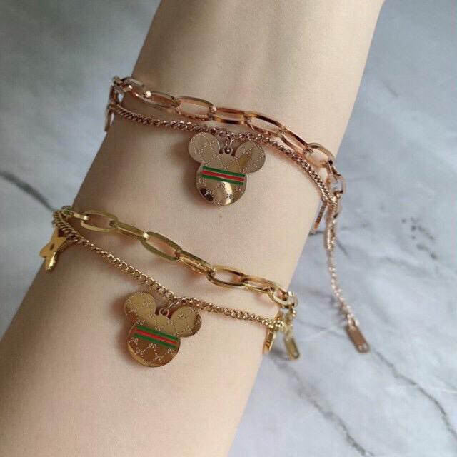 gelang fashion wanita titanium asli anti karat korea style model mickey 2 layer